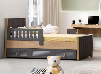 Bed frame for children's bed, children's room, children's room furniture, gray wood.