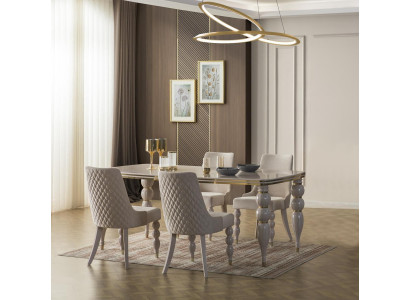 Dark Beige Dining Group Designer Wood Dining Table x6 Chairs 7-Piece Luxury Set