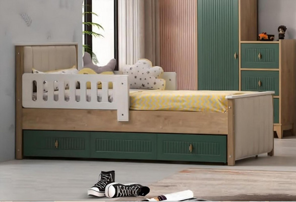 Stylish children's bed 200 cm youth bed wood children's room fabric modern