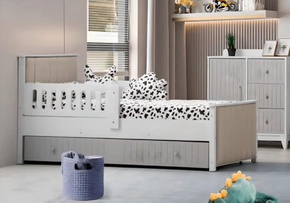 Practical children's bed in gray color for sweet slumber hours, luxurious.