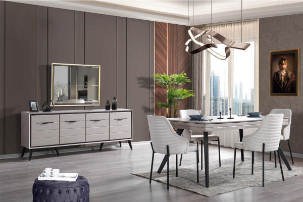 Modern dining room wood furniture luxury sideboard mirror dining table 6x chairs