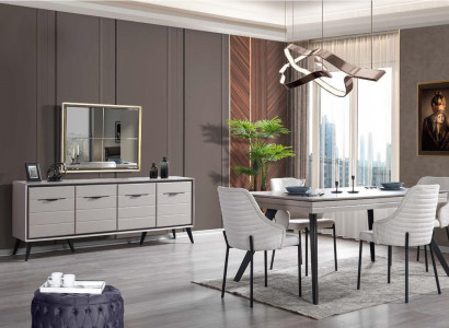 Modern dining room wood furniture luxury sideboard mirror dining table 6x chairs
