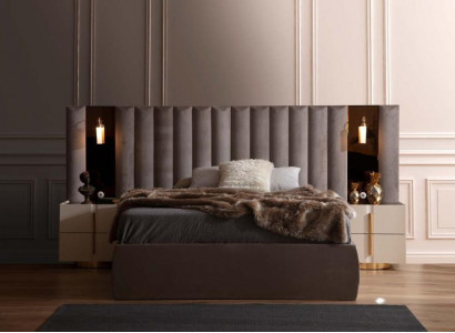 Brown bedroom set designer double bed white 2x nightstands 3-piece set