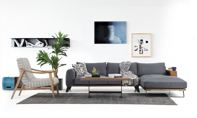 L-shaped sectional sofa gray modern fabric design living room polyester