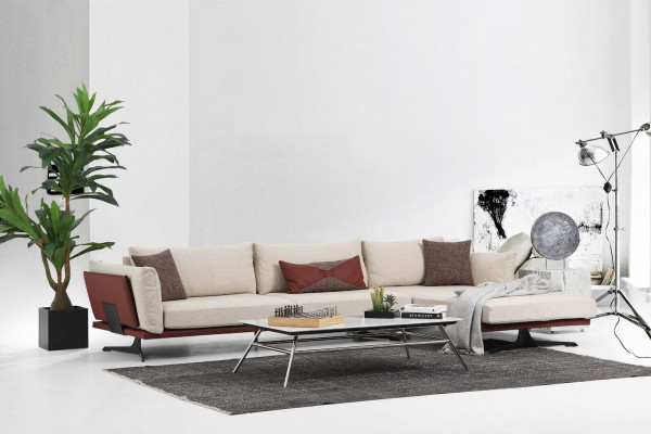 Corner sofa set L-shaped 3-seater beige modern fabric sofa set corner