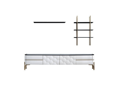 White TV Cabinet Designer 2x Shelves Living Room Stylish 3pc Set New