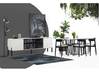 Modern dining room designer group dining table chairs sideboard table wood set 6-piece white