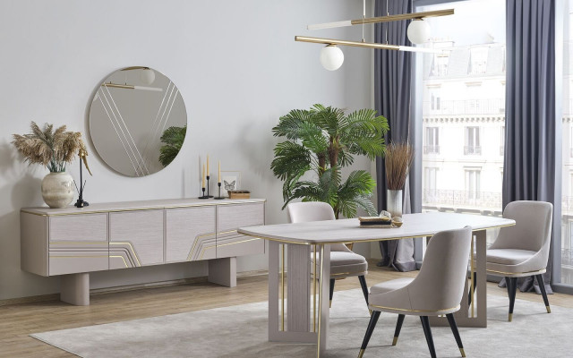 Stylish dining room set designer dining table 4x chairs sideboard mirror