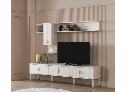 Complete TV Stand Cabinet RTV Lowboard Living Room Shelves White Wood