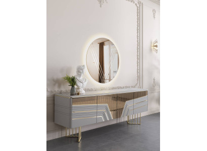 Modern silver sideboard round mirror LED lighting designer 2-piece set