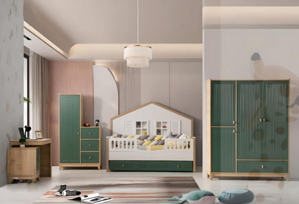 Children's room set consists of a bed, 2 wardrobes, and a desk.