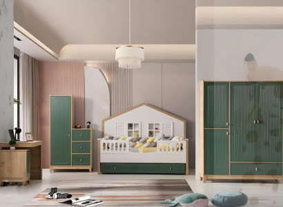 Children's room set consists of a bed, 2 wardrobes, and a desk.