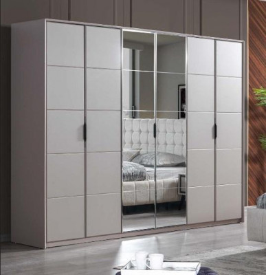 Gray wardrobe, 6-door bedroom wardrobe, luxury glass cabinets.