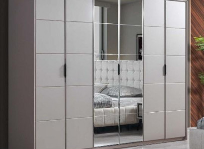 Gray wardrobe, 6-door bedroom wardrobe, luxury glass cabinets.
