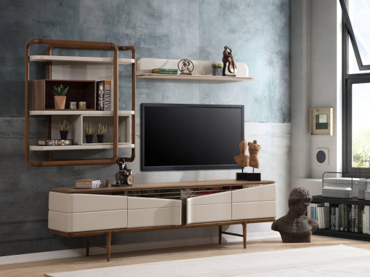 Beige living room set RTV lowboard 2x shelves wooden designer furniture