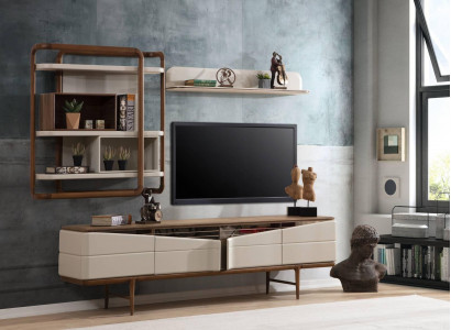 Beige living room set RTV lowboard 2x shelves wooden designer furniture