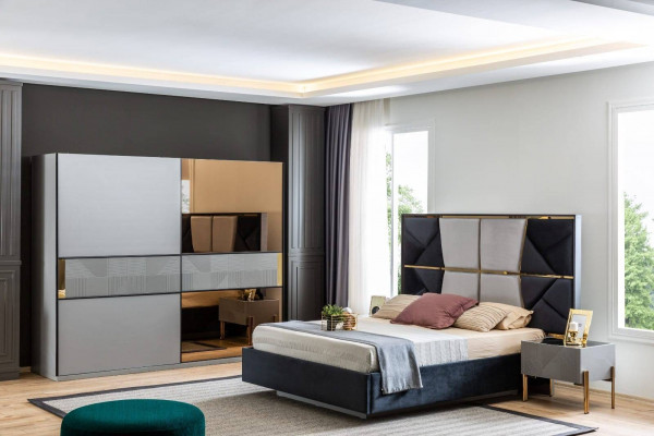 Modern bedroom set designer bed 2x nightstands wardrobe