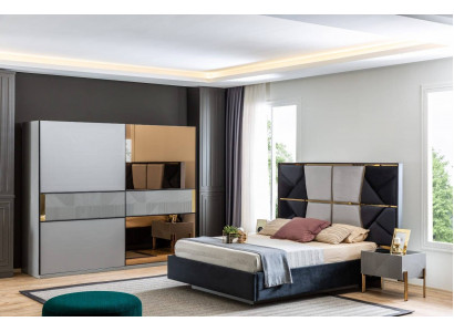 Modern bedroom set designer bed 2x nightstands wardrobe