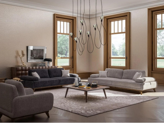 Living room set grey sofa two-seater with three-seater textile design coffee table