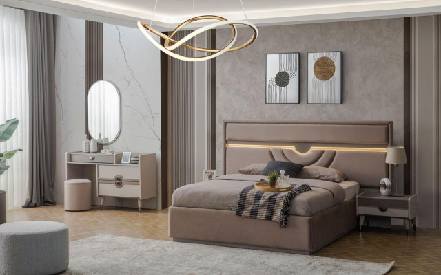 Set double bed, bed, nightstands, beige, 6-piece, dressing table, modern