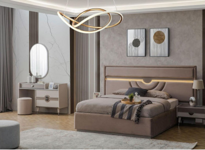Set double bed, bed, nightstands, beige, 6-piece, dressing table, modern