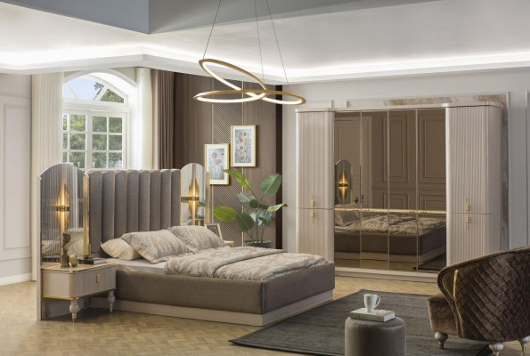 Luxurious bedroom designer double bed wardrobe bedside tables