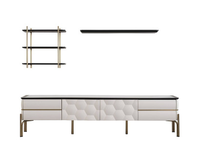 Modern white living room wall unit, practical TV cabinet, luxurious shelves 3-piece set