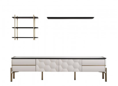 Modern white living room wall unit, practical TV cabinet, luxurious shelves 3-piece set