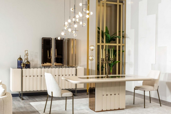 Modern White Dining Room Set Dining Table Sideboard Chairs x3 Mirror 9-piece
