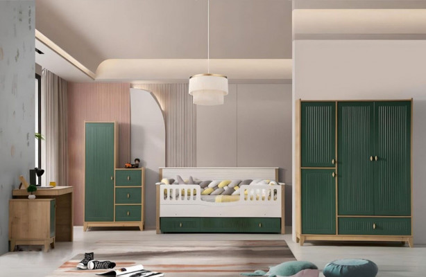 Stylish children's room set consists of a bed, 2 wardrobes, and a desk.