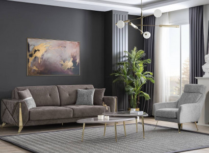 Brown-Grey Living Room Set Three-Seat Luxury Armchair Coffee Table 4-Piece Set