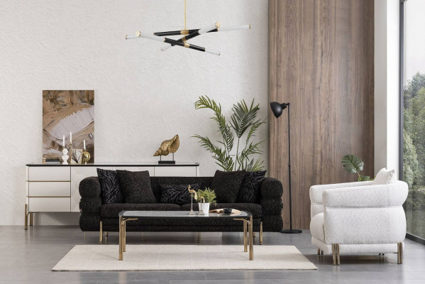 Living room sofa set designer black luxury three-seater white armchair