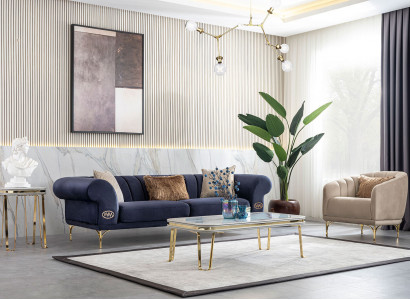Blue-Beige Living Room Set Luxury Sofa Suite 3+3+1 Seater Design Couch