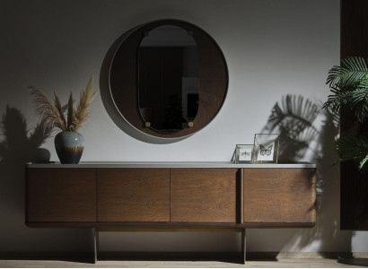 Brown sideboard modern wooden furniture luxury round mirror living room 2-piece set