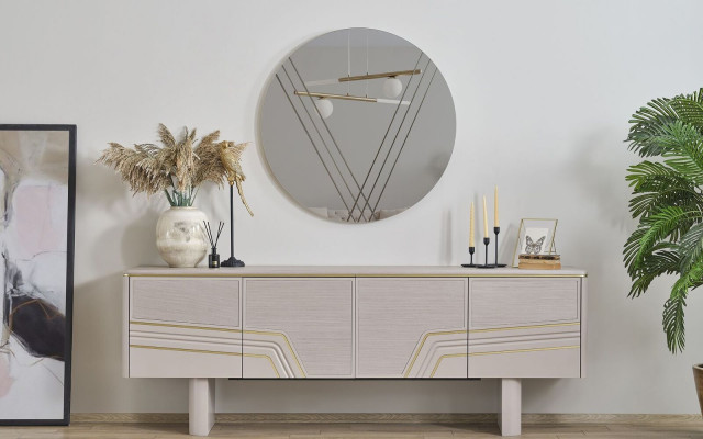 Beige luxury wooden furniture designer sideboard luxury round mirror modern 2-piece set