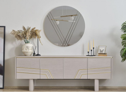 Beige luxury wooden furniture designer sideboard luxury round mirror modern 2-piece set
