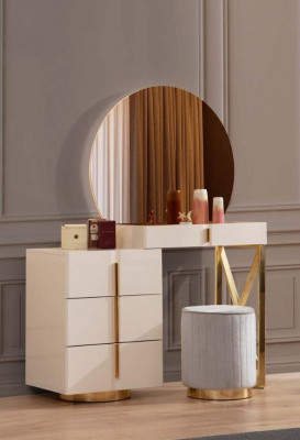 Beige Vanity Table Stainless Steel Furniture Bedroom Stool 2-Piece Set