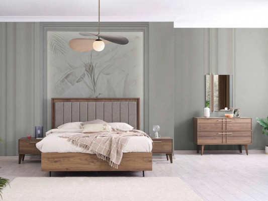 Complete double bed wooden set, 5-piece bedroom, brown, modern bed