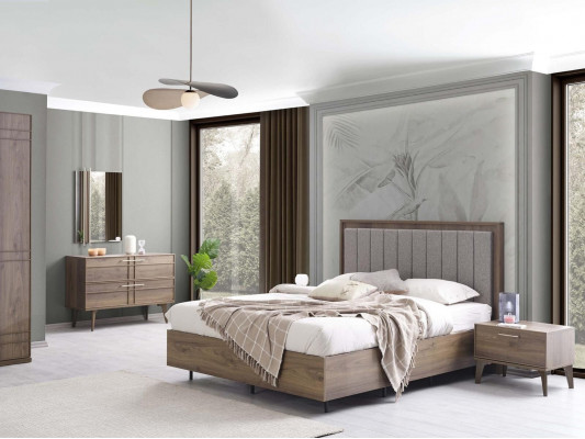 Complete double bed wooden set, 5-piece bedroom, brown, modern bed