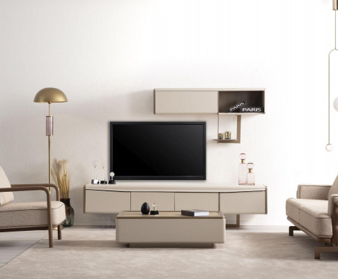 Beige lowboard wood shelf designer TV cabinet living room luxury furniture