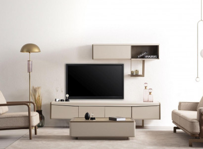 Beige lowboard wood shelf designer TV cabinet living room luxury furniture