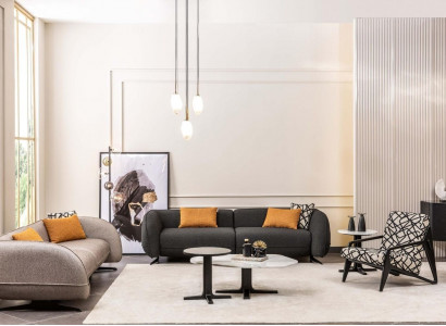 Gray three-seater upholstered sofas, armchairs, coffee tables, living room set, 6-piece