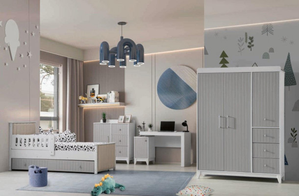 Children's room set: dresser, wardrobe, bed & desk