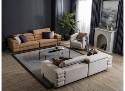 Brown-Beige Living Room Sofa Set Designer 4+3+1 Seater Upholstered Furniture