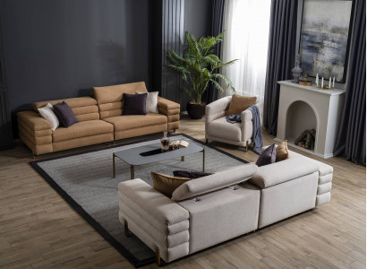 Brown-Beige Living Room Sofa Set Designer 4+3+1 Seater Upholstered Furniture