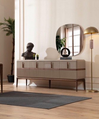 Beige dining room furniture luxury wood sideboard 4-door glass mirror 2-piece set