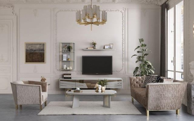 Modern gray living room set luxury TV cabinet wall cabinets shelves