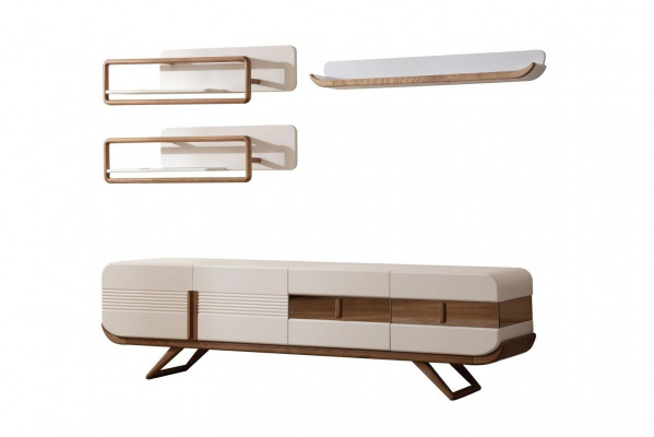 White living room wall unit designer lowboard 2 shelves wood furniture 4-piece set