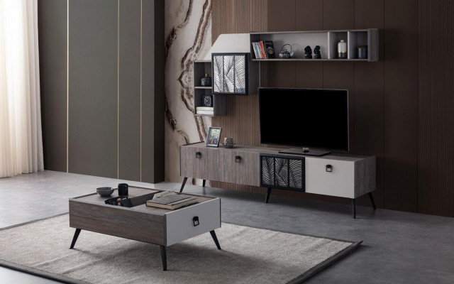 Group Living Room TV Stand Wall Cabinets Sideboard Gray Coffee Table 3-piece Set