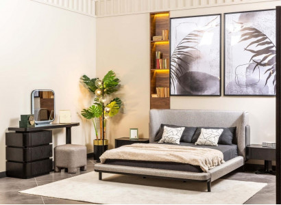 Complete Bedroom Set Gray Double Bed Dressing Table Mirror 6-piece Set
